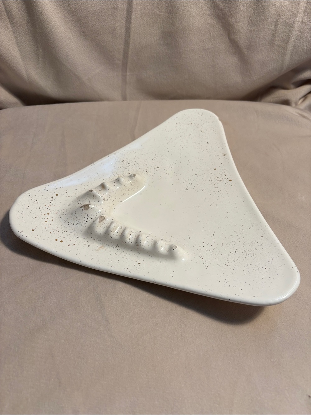 MCM Vintage White Ceramic Boomerang Ash Tray with Gold Speckle